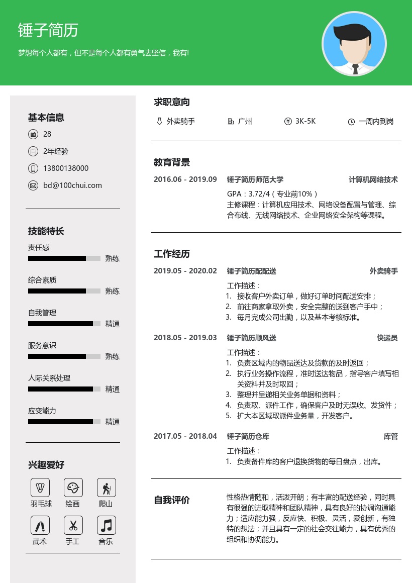 外卖配送员简历