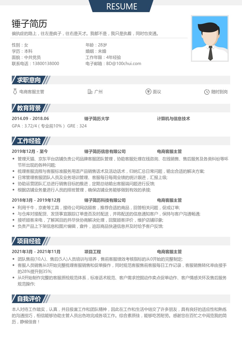 电商客服主管简历