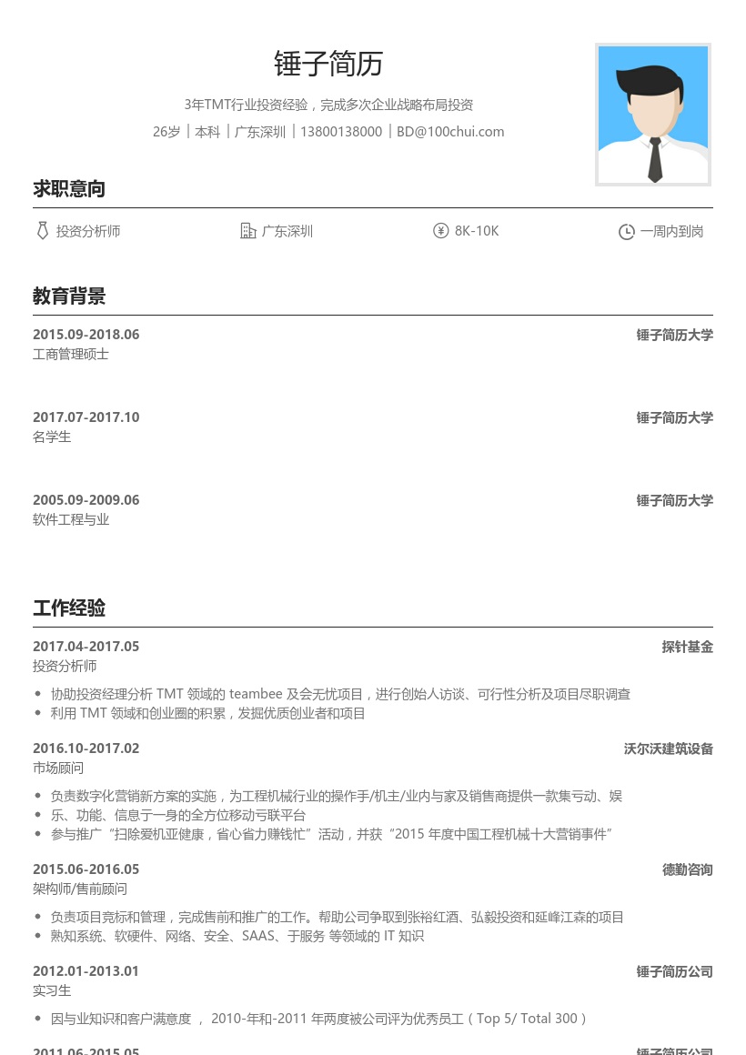 探针基金投资分析师简历模板