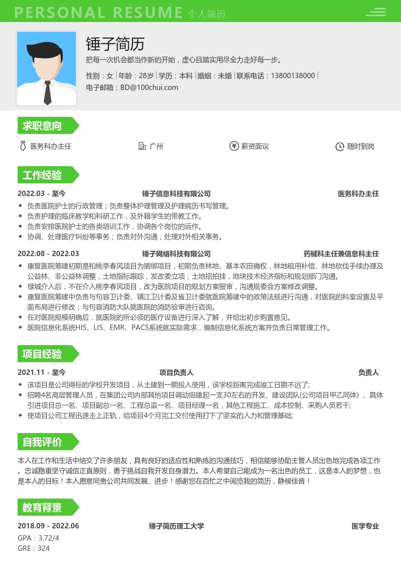 医务科办主任简历模板