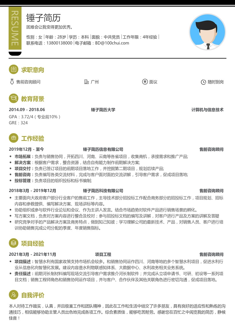 售前咨询顾问简历