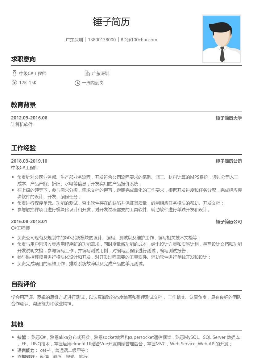 中级C#工程师简历模板