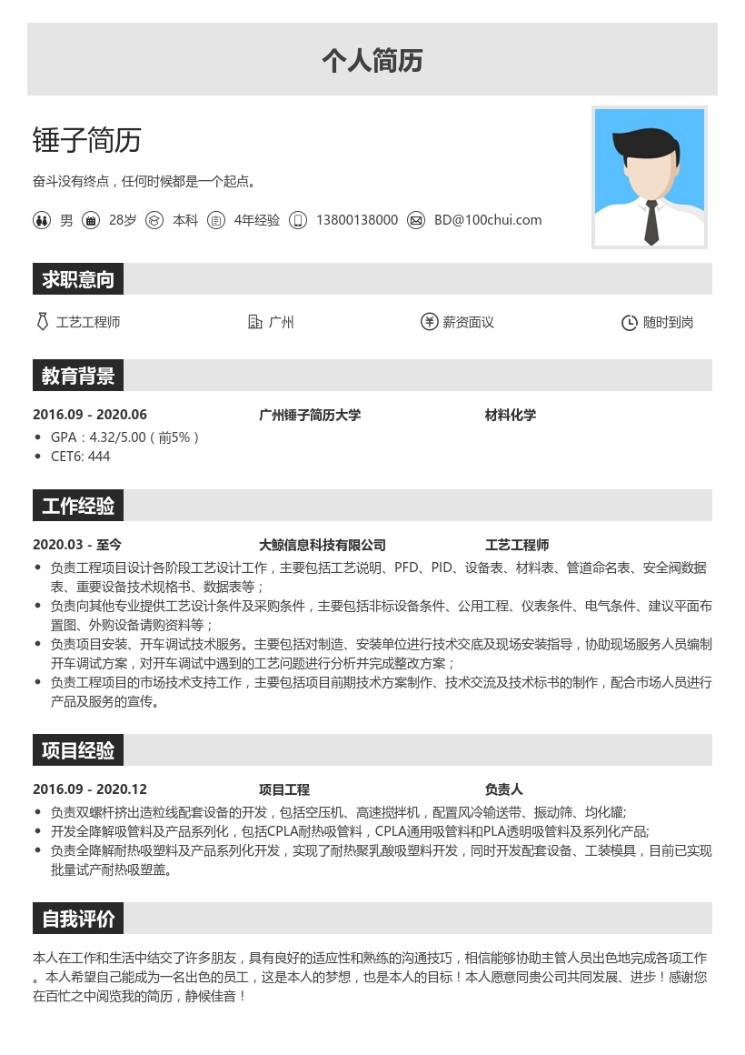 工艺工程师简历模板