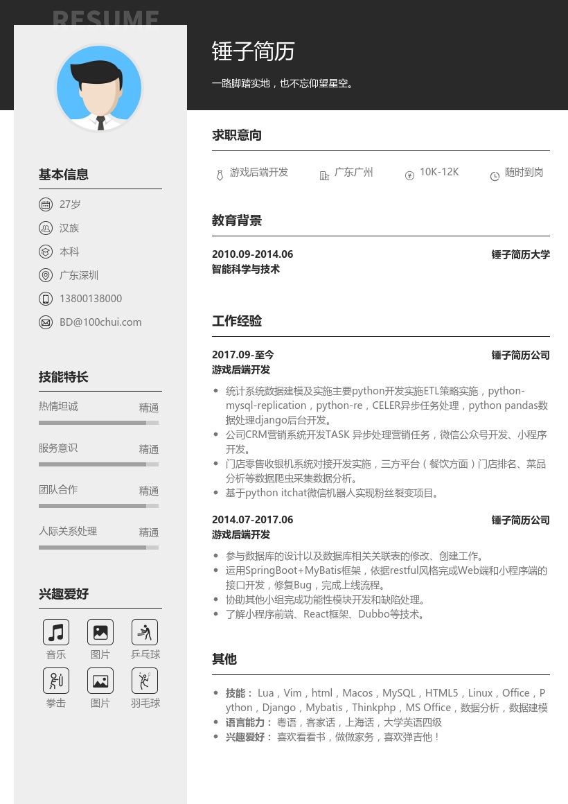 游戏后端开发简历模板