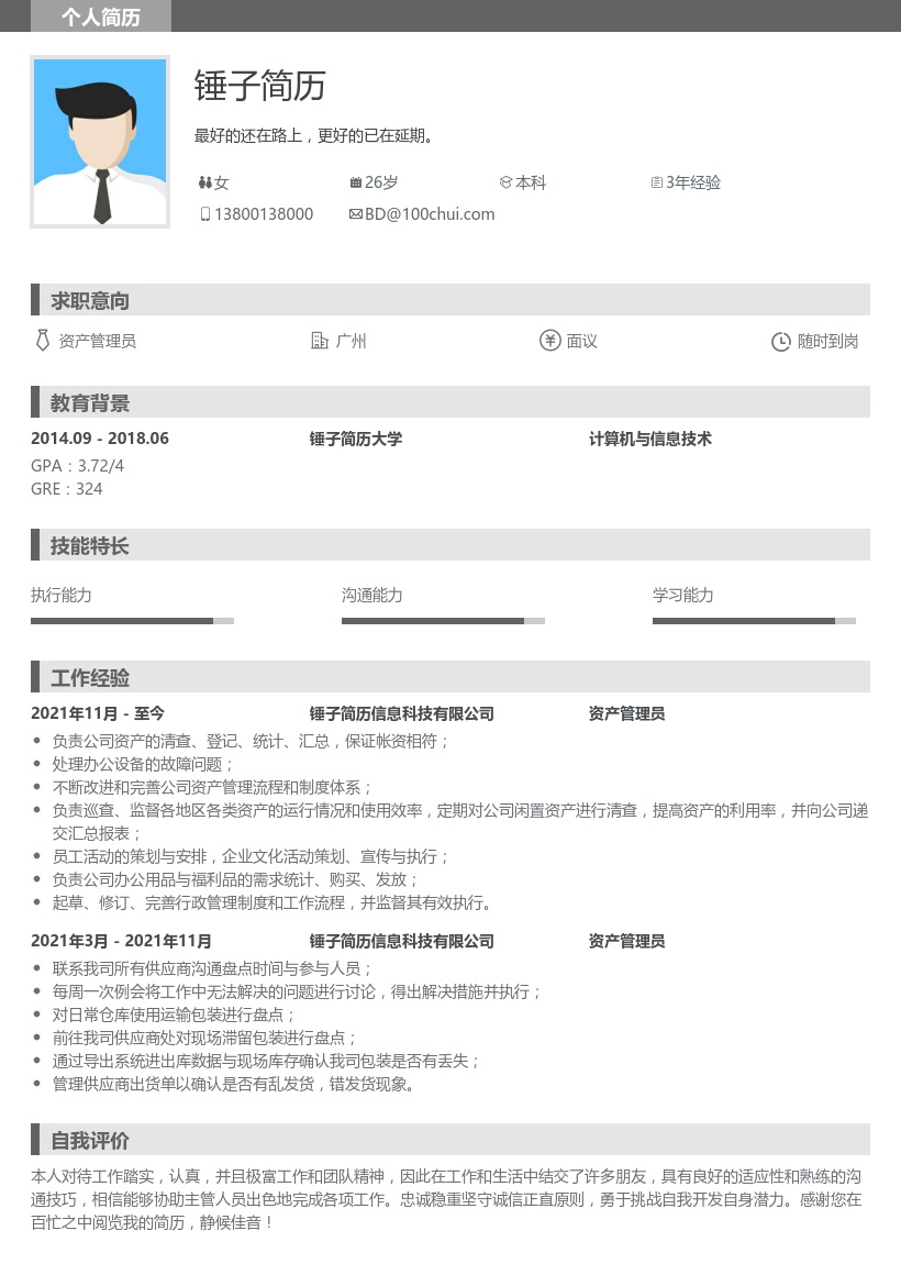 资产管理员求职简历