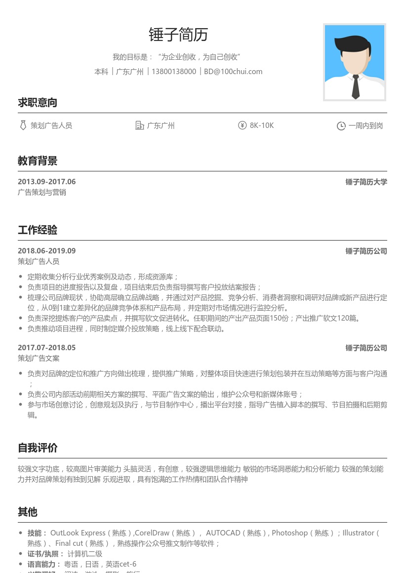 策划广告人员简历模板