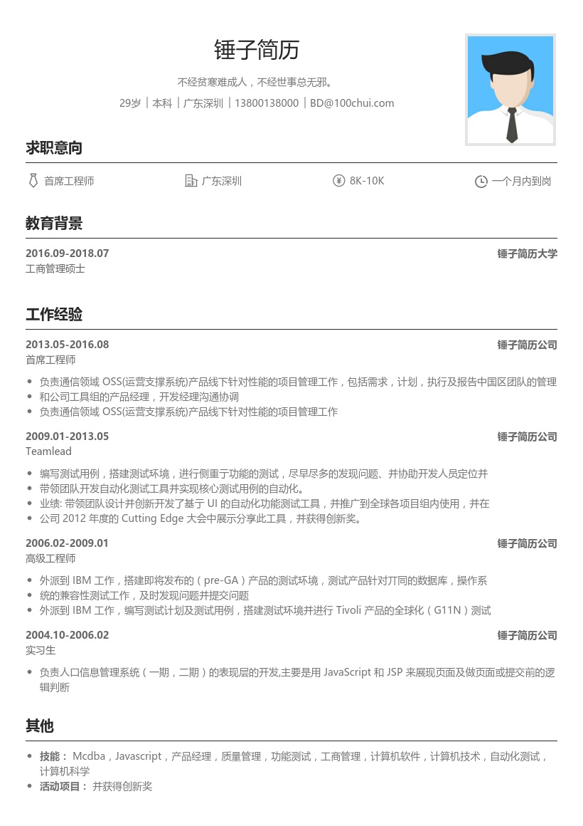 首席工程师简历模板