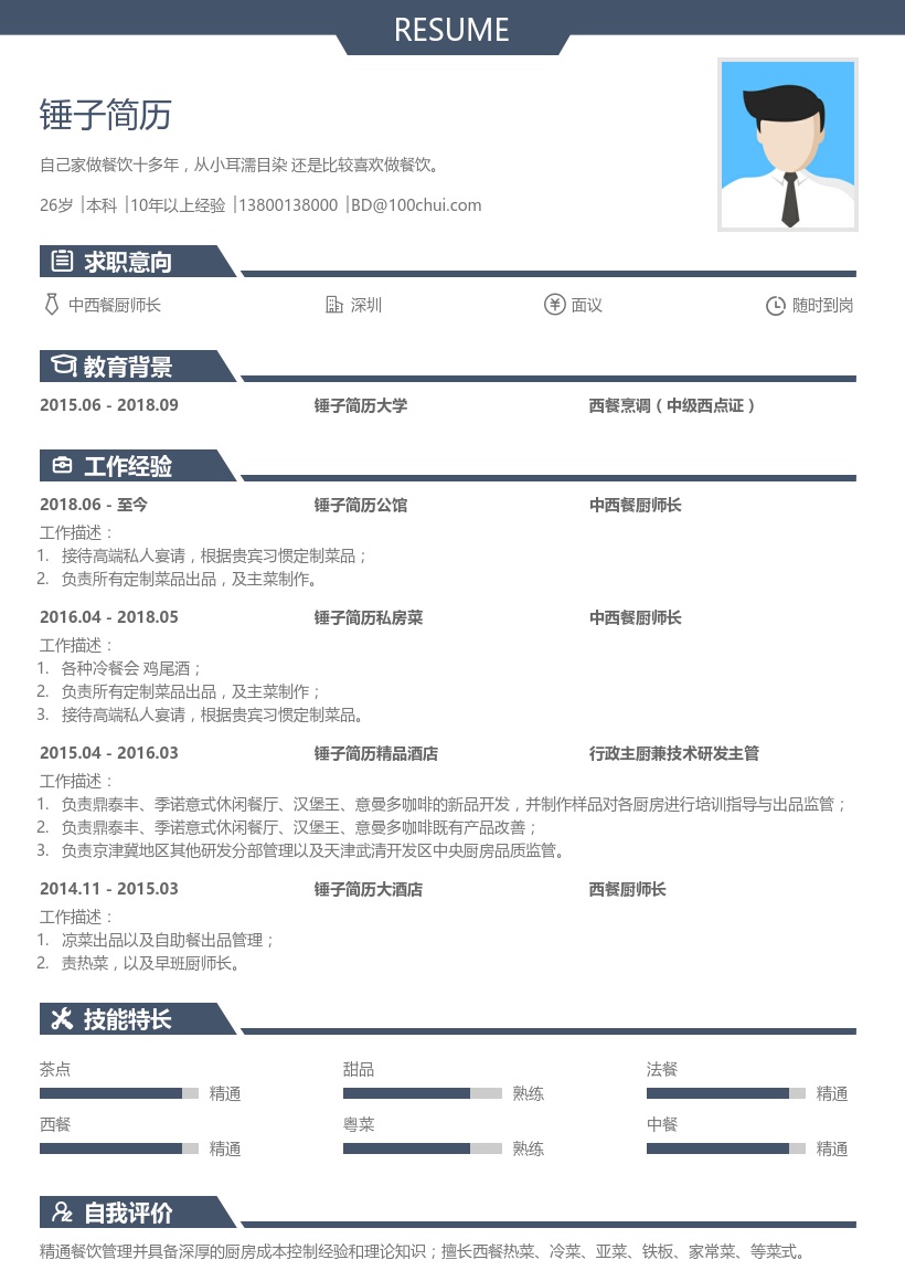 中西餐厨师长简历