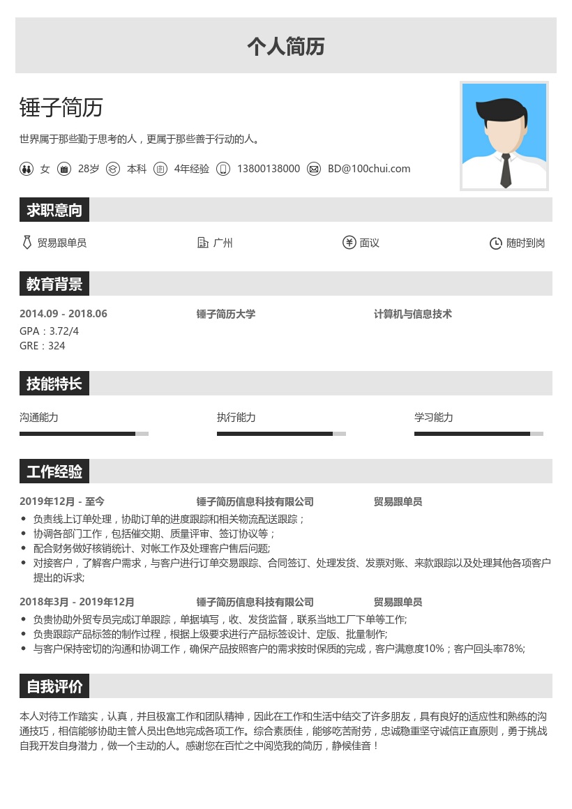 贸易跟单员简历