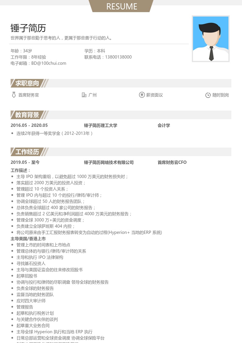 首席财务官CFO简历模板
