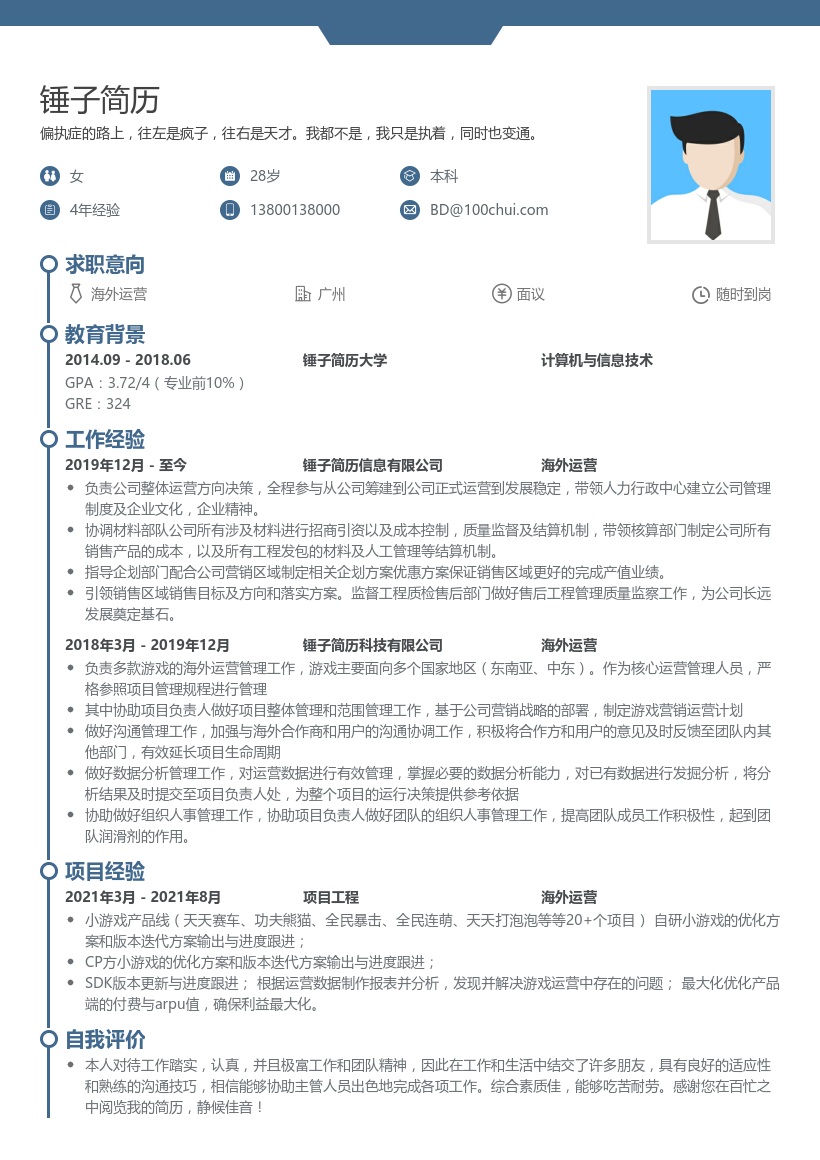 海外运营专员个人简历