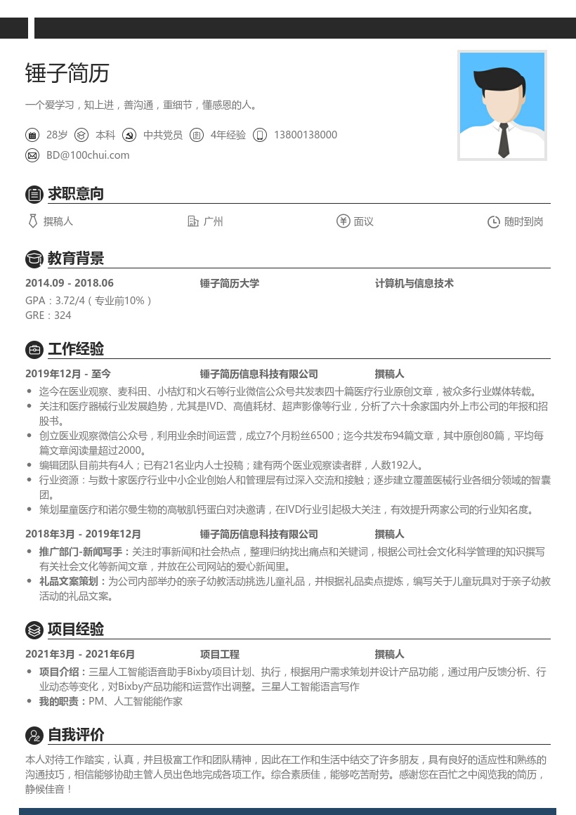 撰稿人简历模板