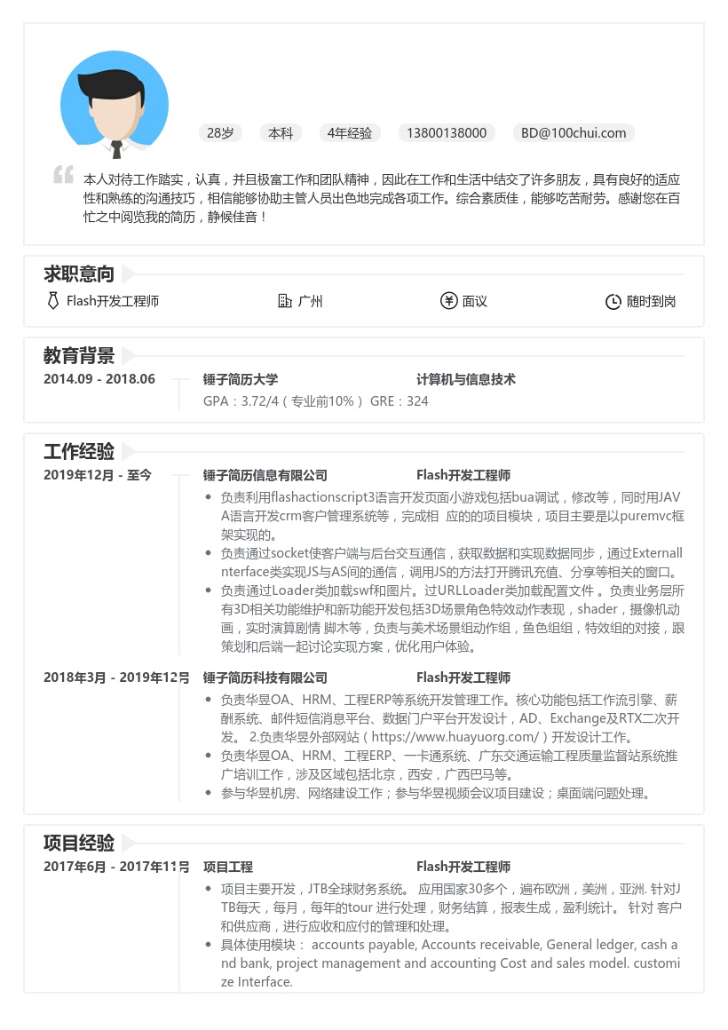 Flash开发工程师求职简历