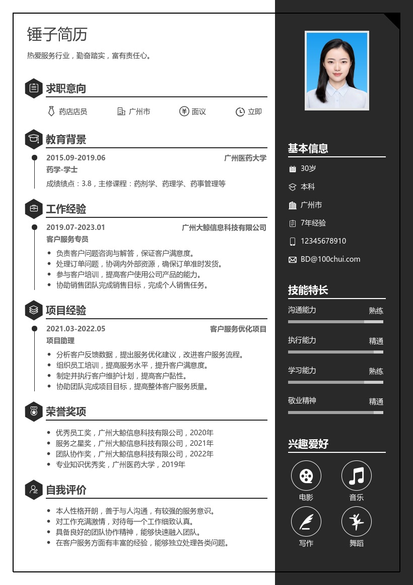 药店店员简历模板