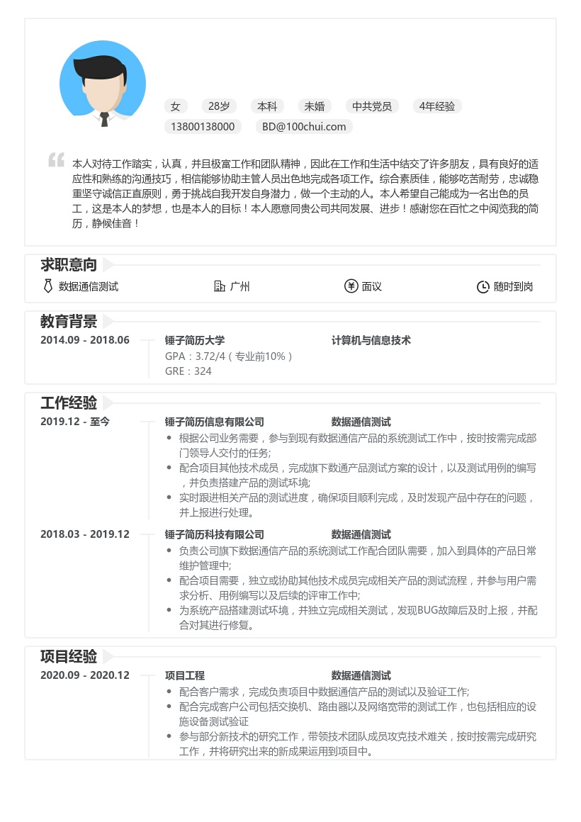 数据通信测试简历