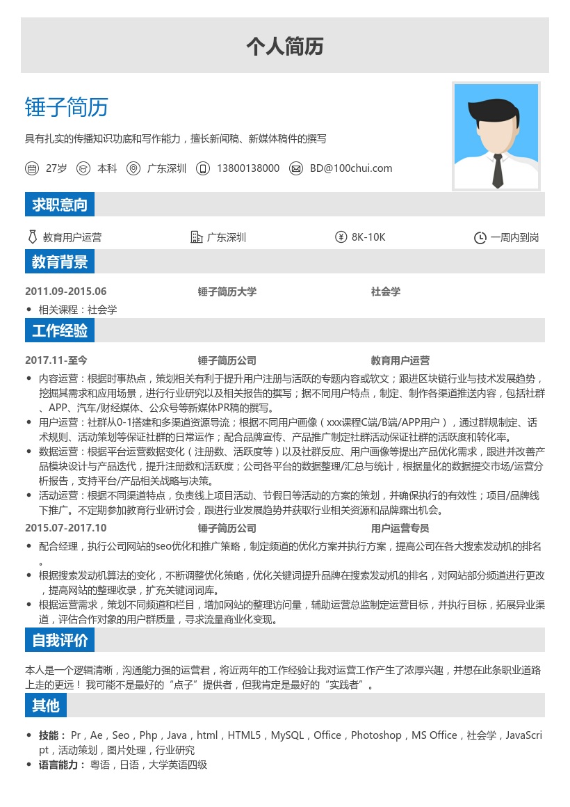 互联网教育用户运营简历模板