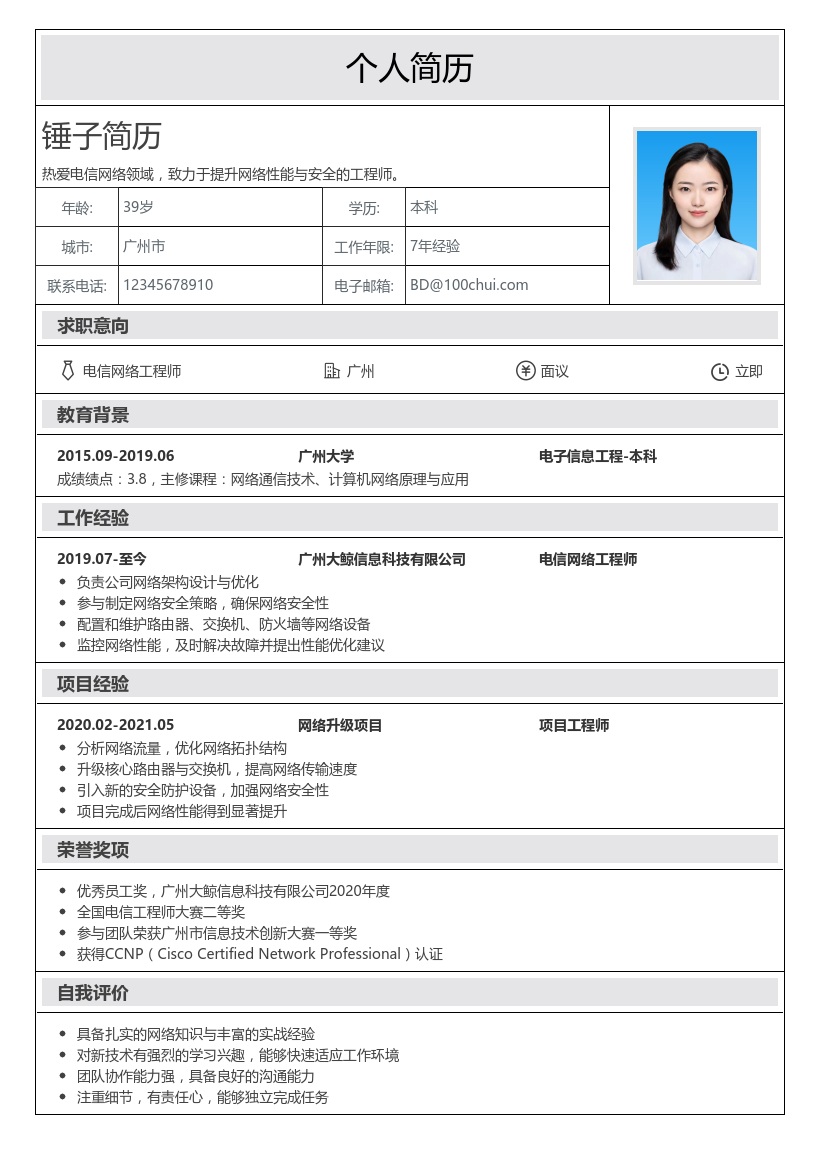 电信网络工程师简历模板