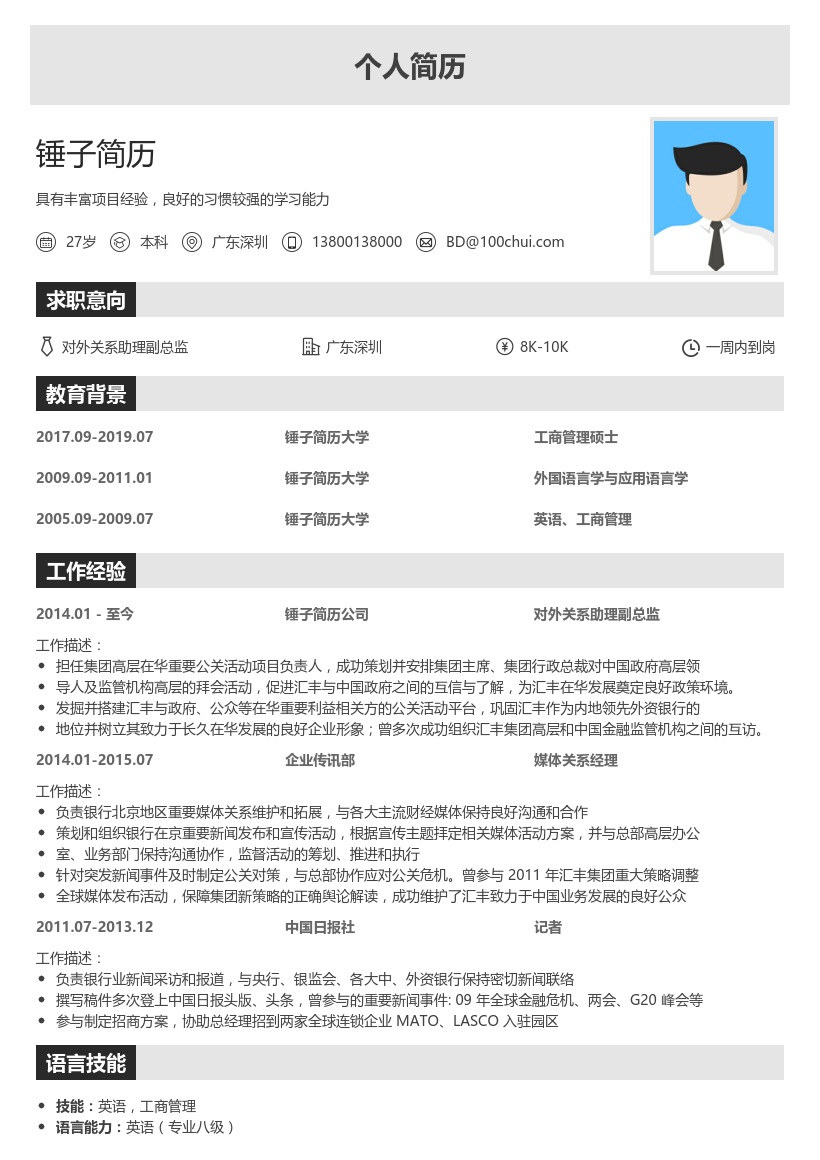 对外关系助理副总监简历模板