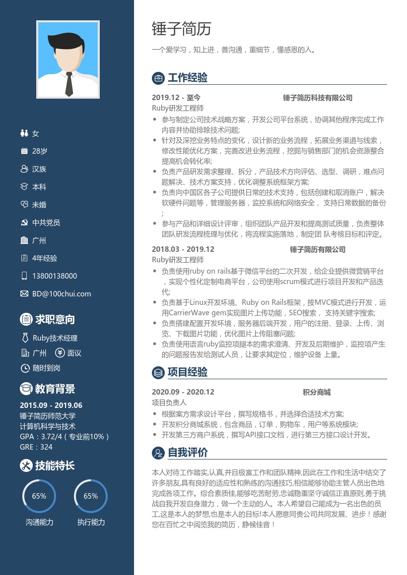 Ruby技术经理在线简历模板