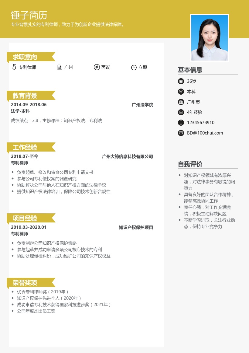 专利律师简历模板