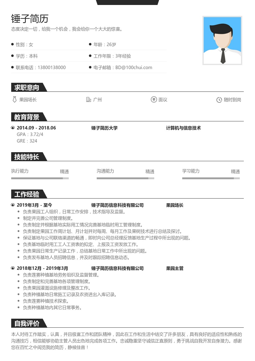 果园园长简历模板