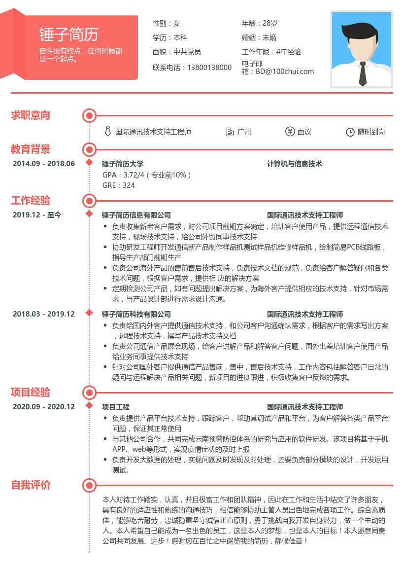 国际通讯技术支持工程师简历