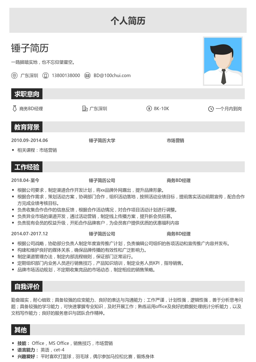 商务BD经理简历模板