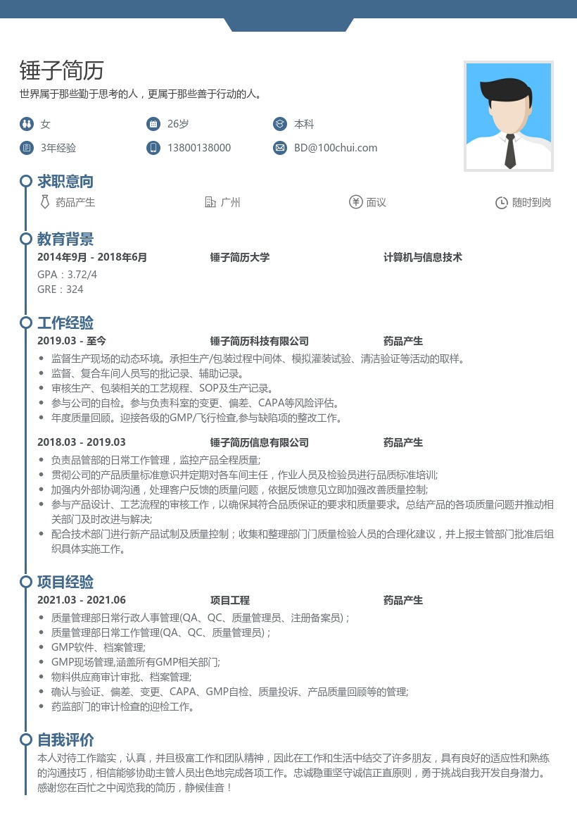 药品产生简历模板