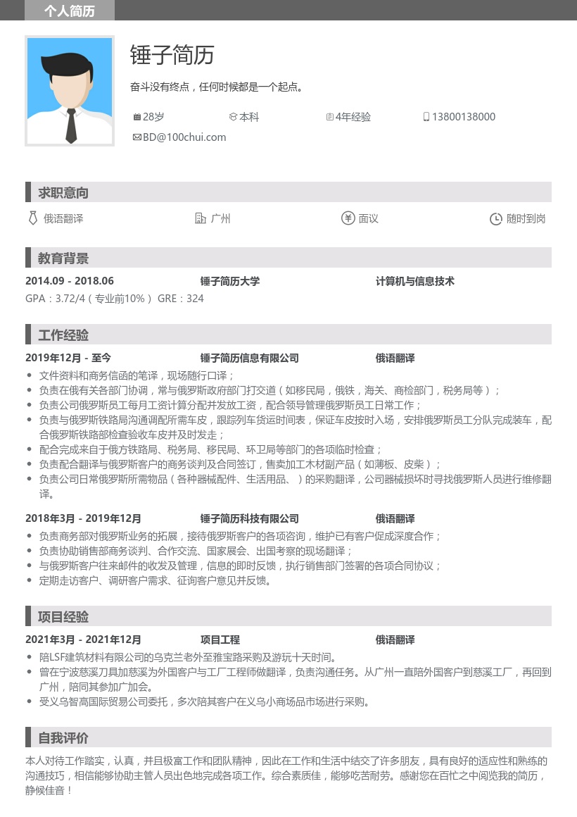 俄语翻译求职简历