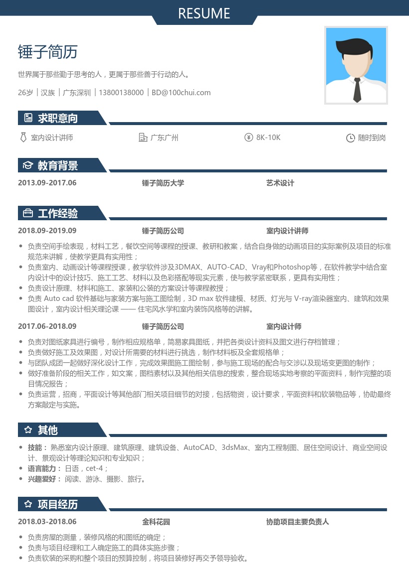 室内设计讲师简历模板
